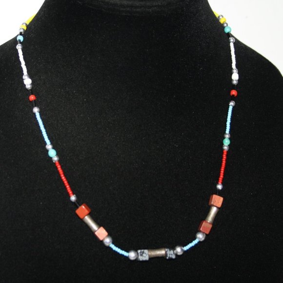 💛🌿 Colorful Beaded Necklace w/ Natural Stone + Silver Accents · 20" 🌿💛 - Picture 1 of 5